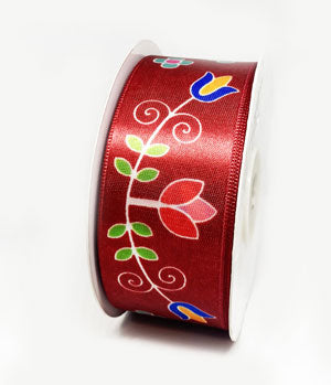 Printed Single Face Satin Ribbon 38mm - Burgundy