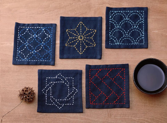 Sashiko Tsumugi Sampler Coasters - Navy Blue - Black Rabbit Fabric Inc.