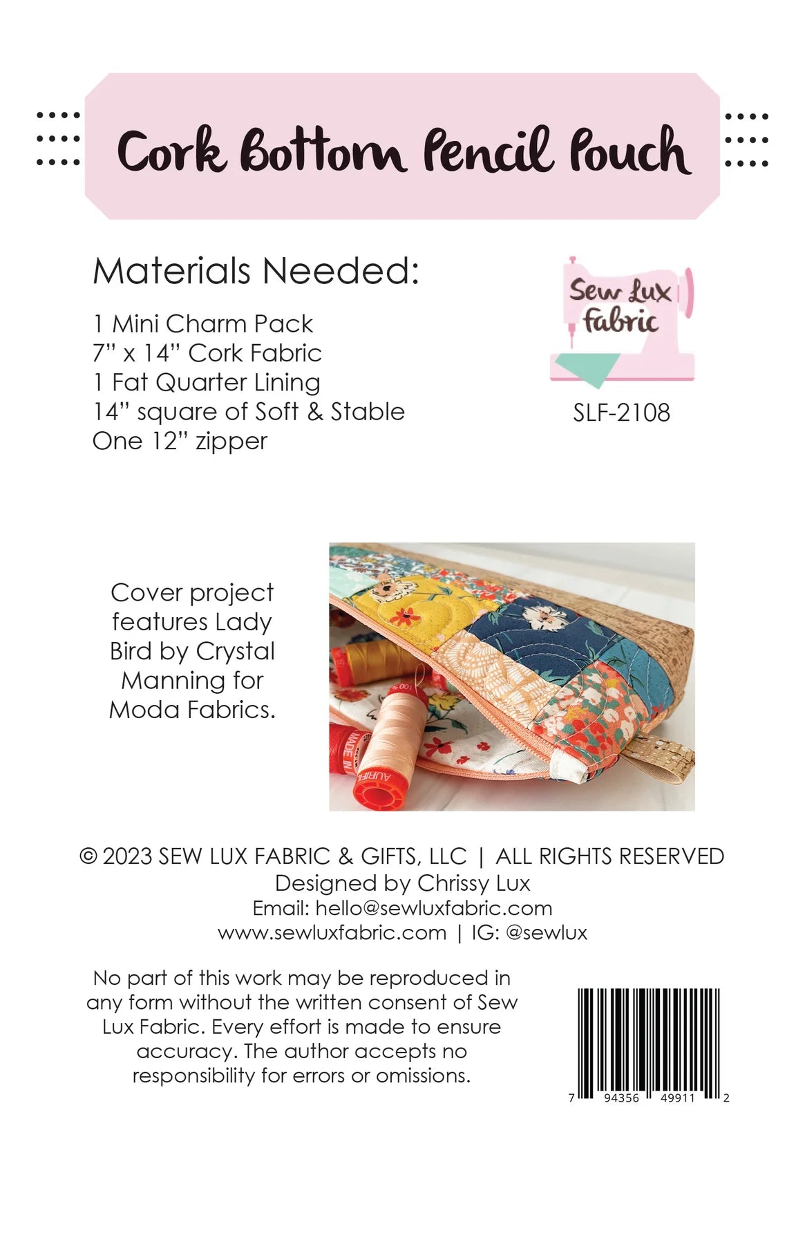 Paper Pattern - Cork Bottom Pencil Pouch